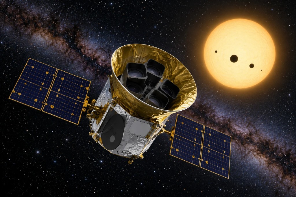 Vue d’artiste du satellite TESS devant la Voie lactée, face à une étoile devant laquelle passent des planètes