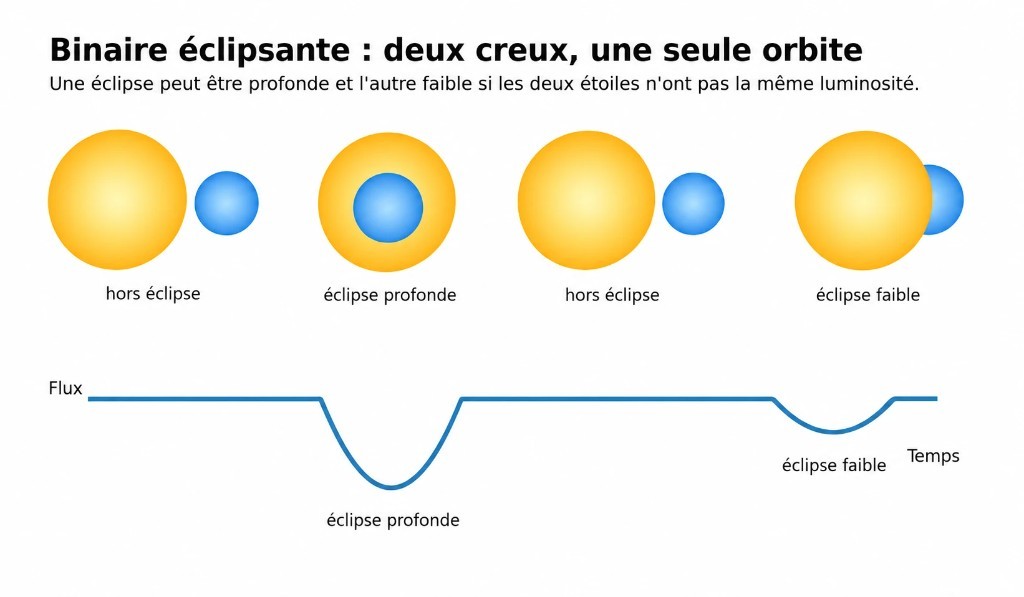 Schéma d’une binaire éclipsante : une grande étoile jaune et une petite étoile bleue ; quand la petite passe devant, la courbe de flux montre une éclipse profonde, quand elle passe derrière, une éclipse faible