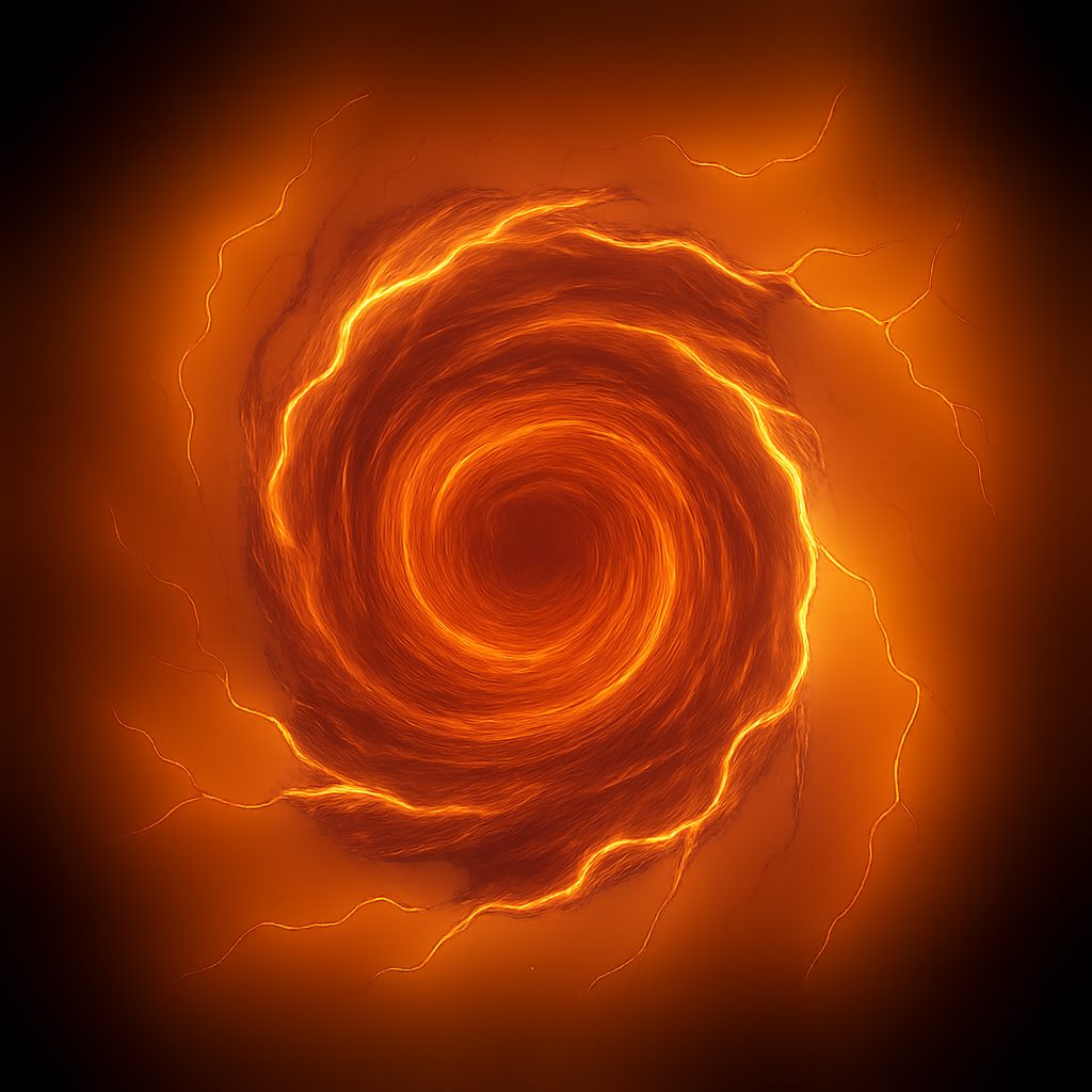 Un vortex orange s’ouvre dans l’espace, auréolé d’éclairs.